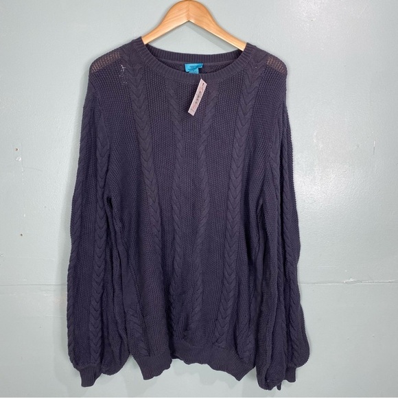 Two Bees Cashmere Chunky Knit‎ Bell Sleeve Sweater Blue Cableknit Blue Sz M - Picture 1 of 3